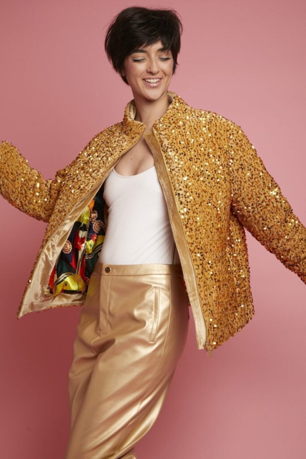 Shop Lux Gold Sequin Puffer Jacket and women's luxury and designer clothes at www.lux-apparel.co.uk