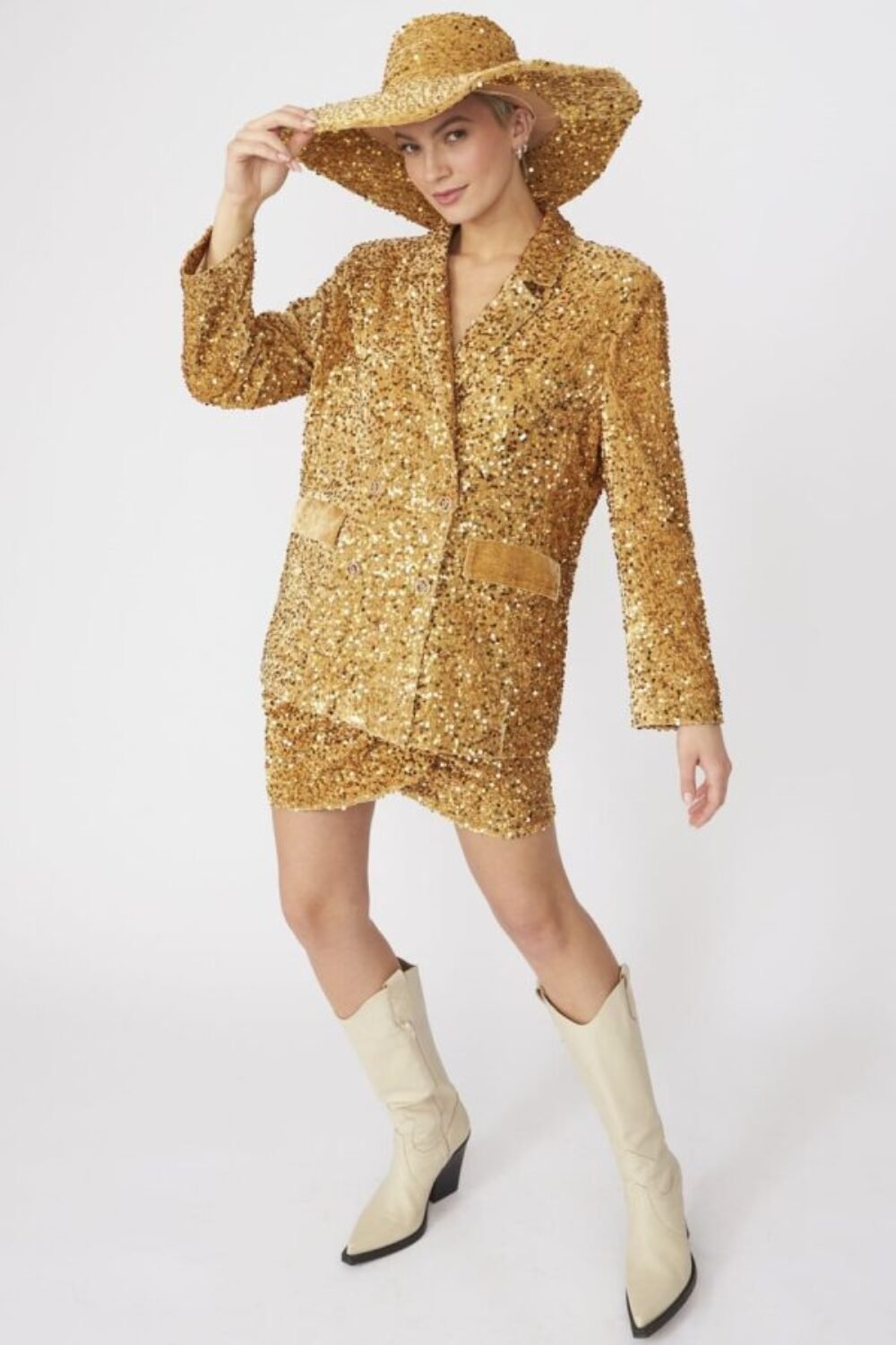 Shop Lux Gold Sequin and Velvet Blazer and women's luxury and designer clothes at www.lux-apparel.co.uk