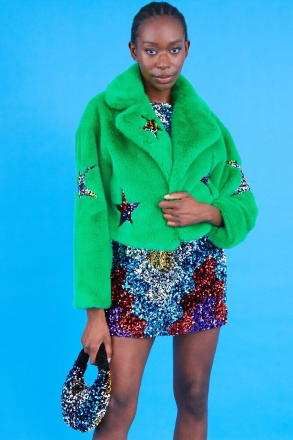 Shop Lux Green Bamboo Faux Fur Sequins Star Jacket and women's luxury and designer clothes at www.lux-apparel.co.uk