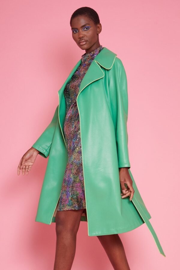 Shop Lux Green Eco Leather Trench Coat and women's luxury and designer clothes at www.lux-apparel.co.uk