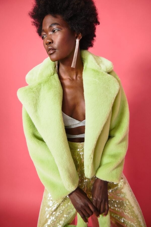 Shop Lux Green Faux Fur Cropped Coat and women's luxury and designer clothes at www.lux-apparel.co.uk