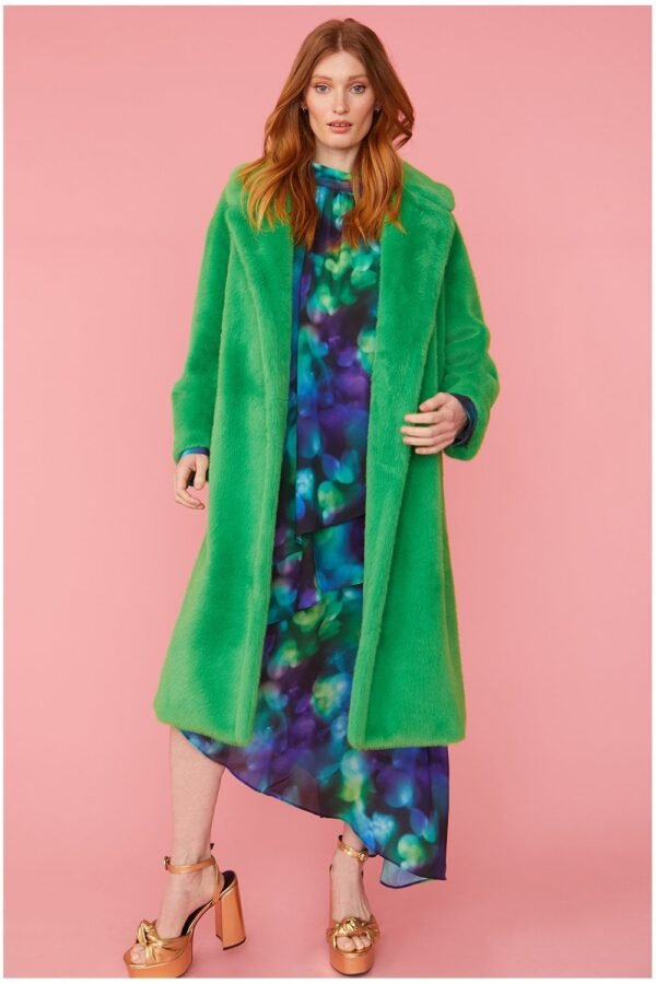Shop Lux Green Faux Fur Midi Coat and women's luxury and designer clothes at www.lux-apparel.co.uk