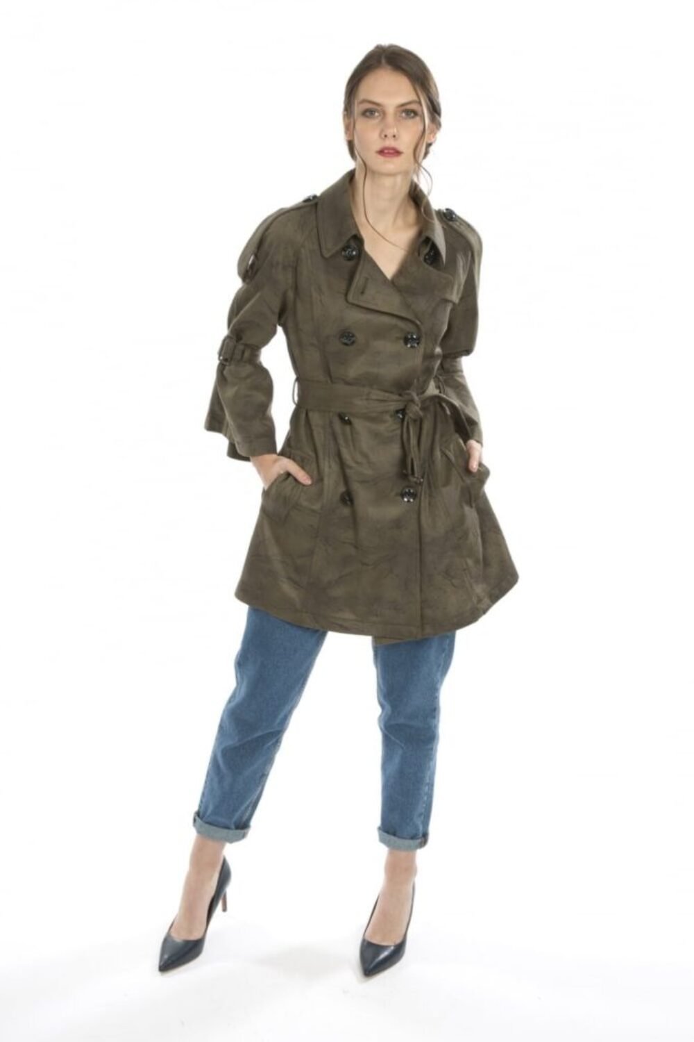 Shop Lux Green Faux Suede Trench Coat and women's luxury and designer clothes at www.lux-apparel.co.uk