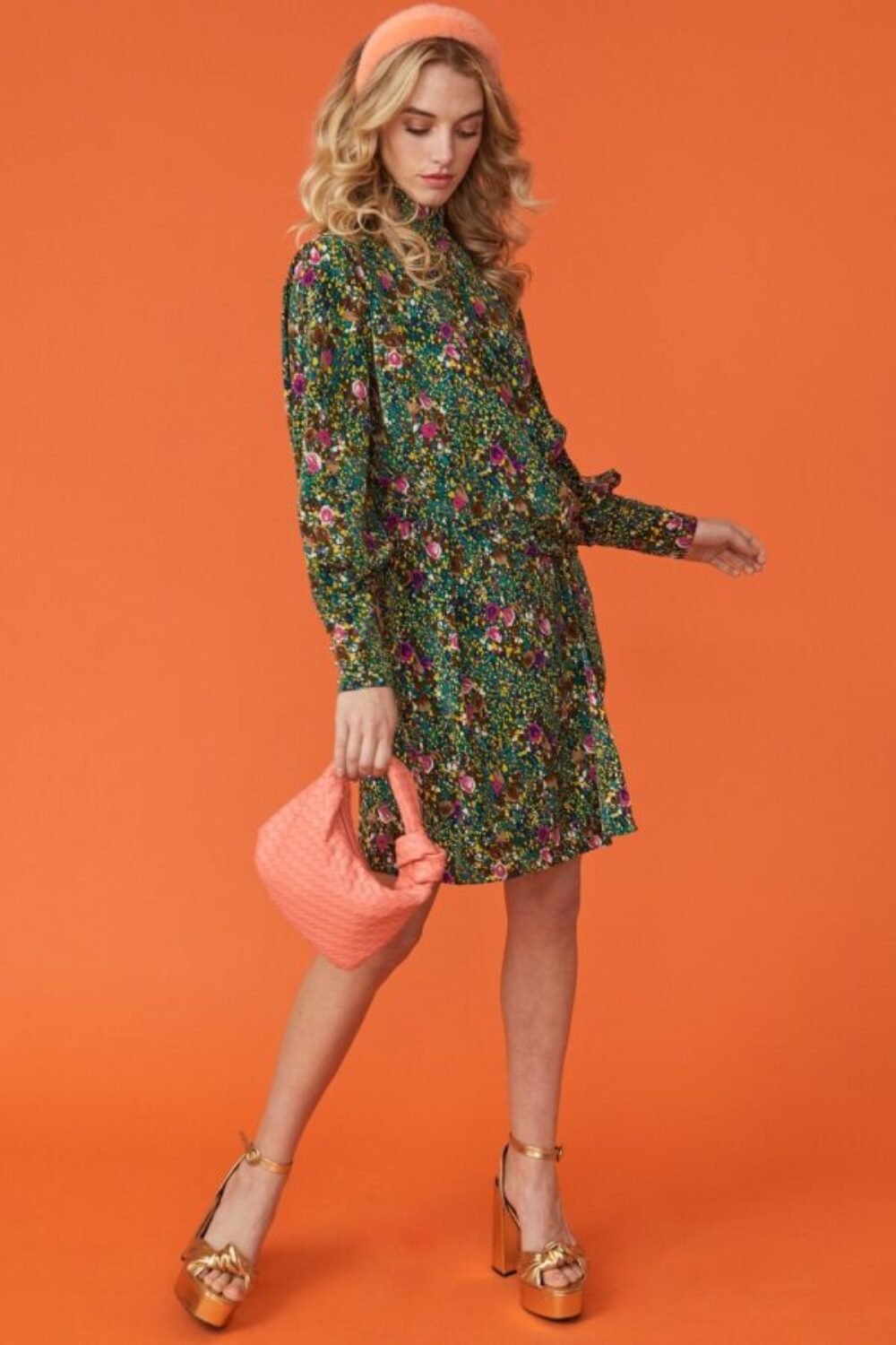 Shop Lux Green Floral High Neck Dress with Long Sleeves and women's luxury and designer clothes at www.lux-apparel.co.uk