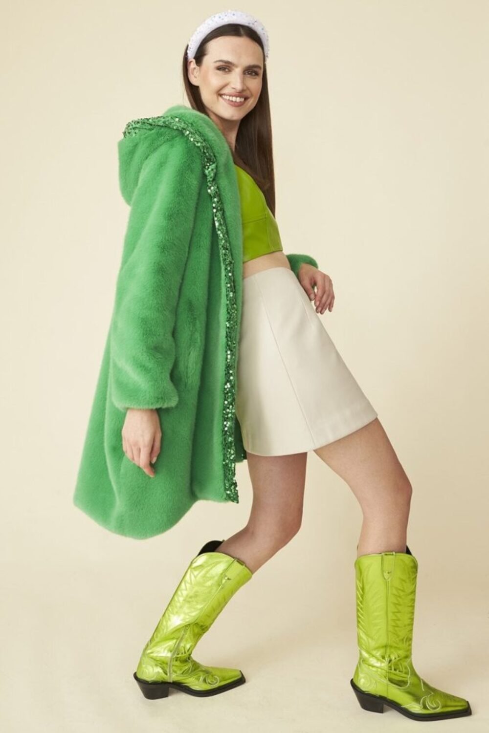 Shop Lux Green Oversized Faux Fur Coat with Sequin Detail and Hood and women's luxury and designer clothes at www.lux-apparel.co.uk