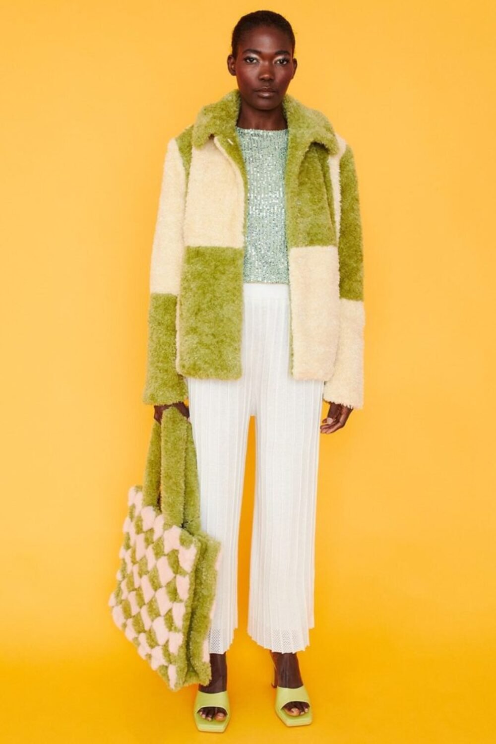 Shop Lux Green and Cream Faux Shearling Checkered Oversized Coat and women's luxury and designer clothes at www.lux-apparel.co.uk