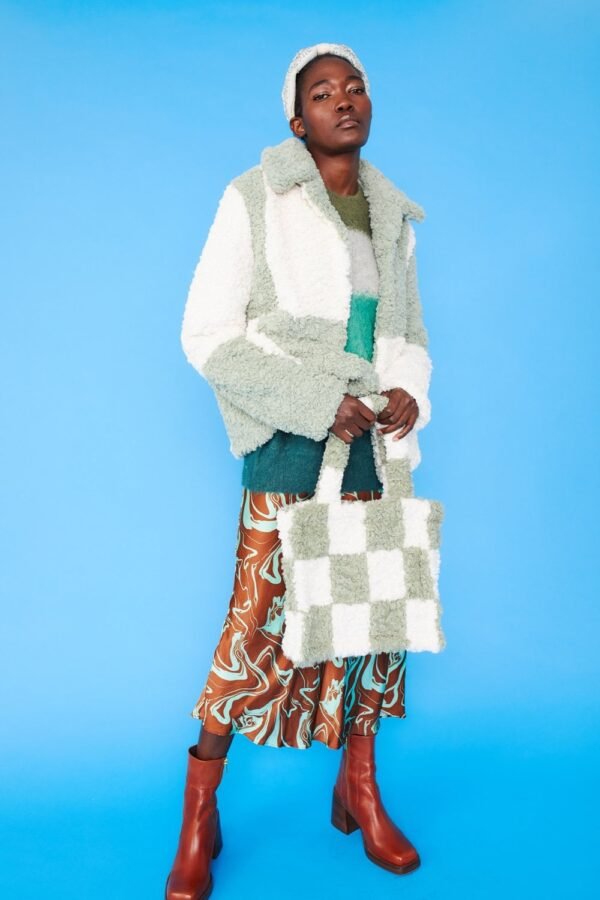 Shop Lux Green and White Faux Shearling Checkered Oversized Coat and women's luxury and designer clothes at www.lux-apparel.co.uk