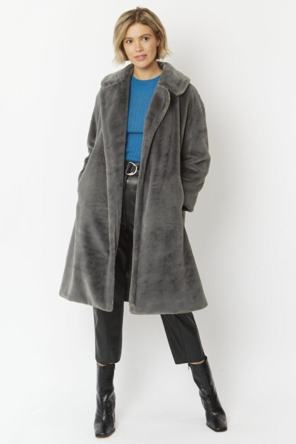 Shop Lux Grey Faux Fur Midi Shaved Shearling Coat and women's luxury and designer clothes at www.lux-apparel.co.uk
