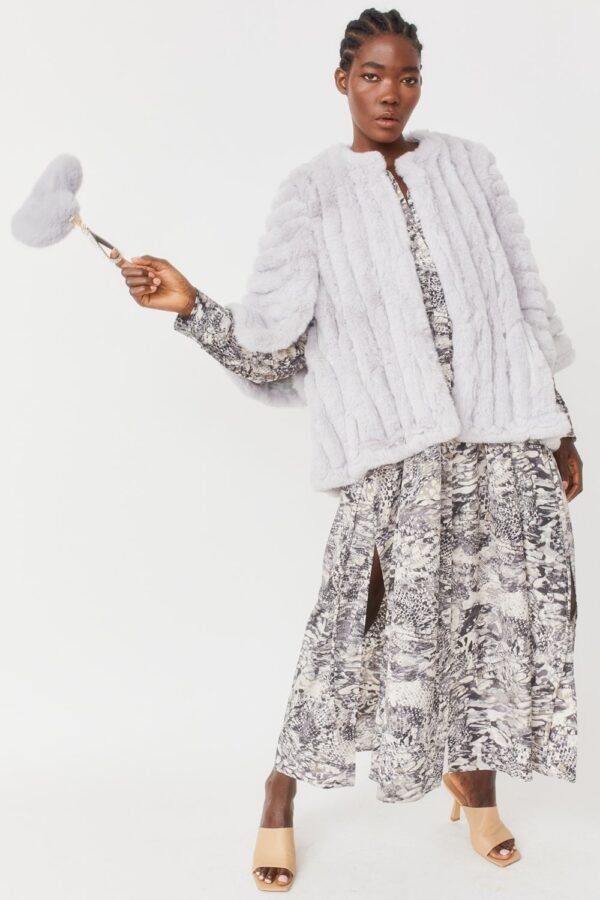 Shop Lux Grey Faux Fur Striped Coat and women's luxury and designer clothes at www.lux-apparel.co.uk
