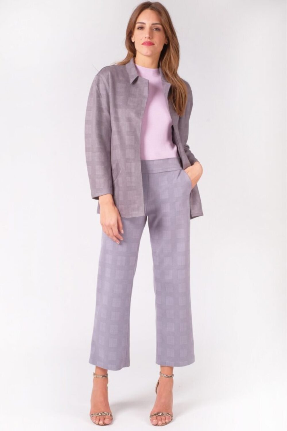 Shop Lux Grey Faux Suede Checked Jacket and women's luxury and designer clothes at www.lux-apparel.co.uk