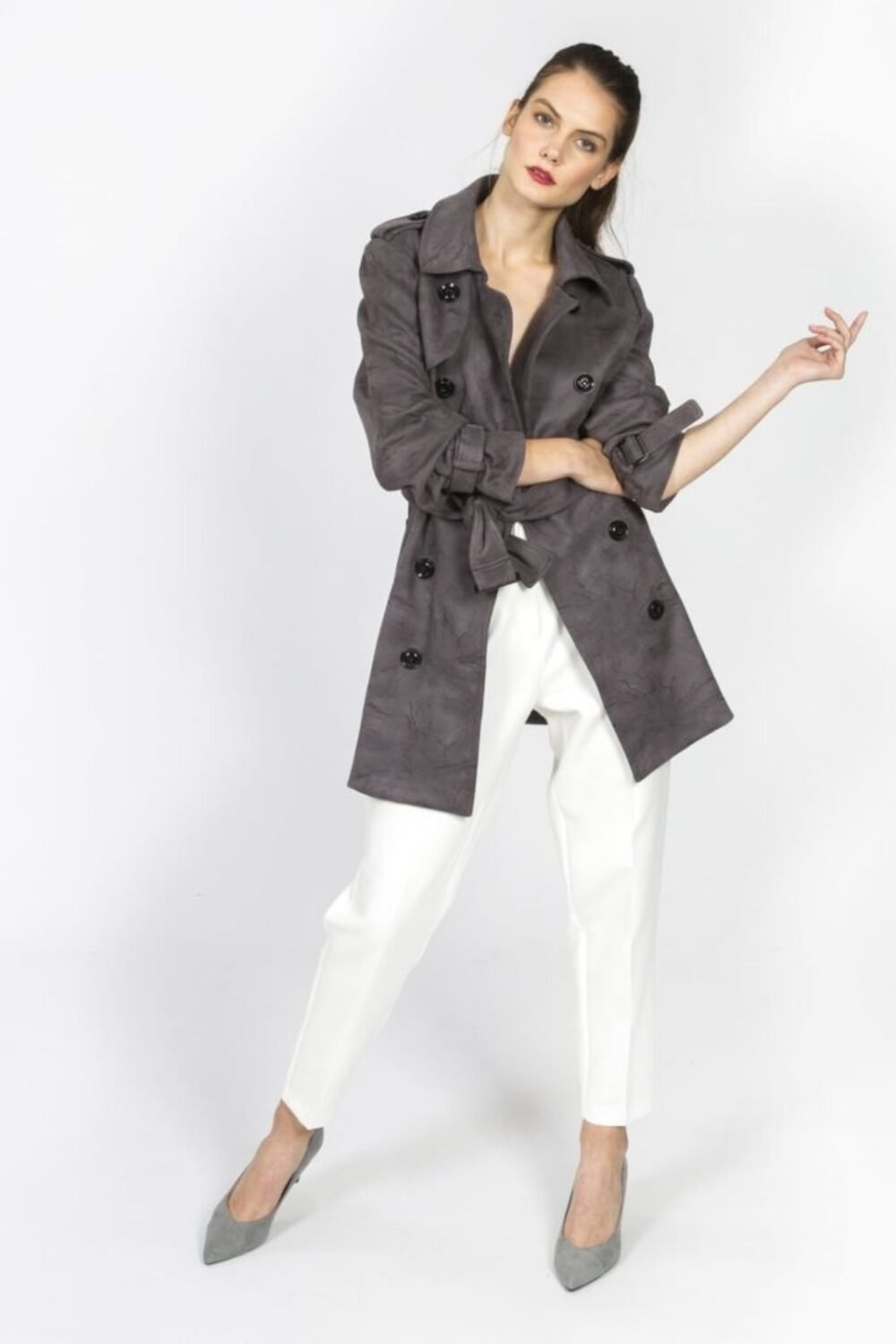 Shop Lux Grey Faux Suede Trench Coat and women's luxury and designer clothes at www.lux-apparel.co.uk