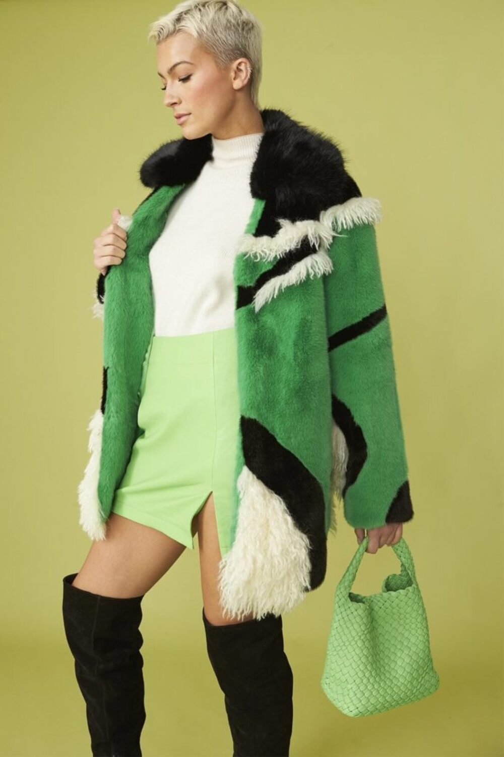 Shop Lux Hand Made Green Mixed Mongolian and Faux Fur Coat and women's luxury and designer clothes at www.lux-apparel.co.uk