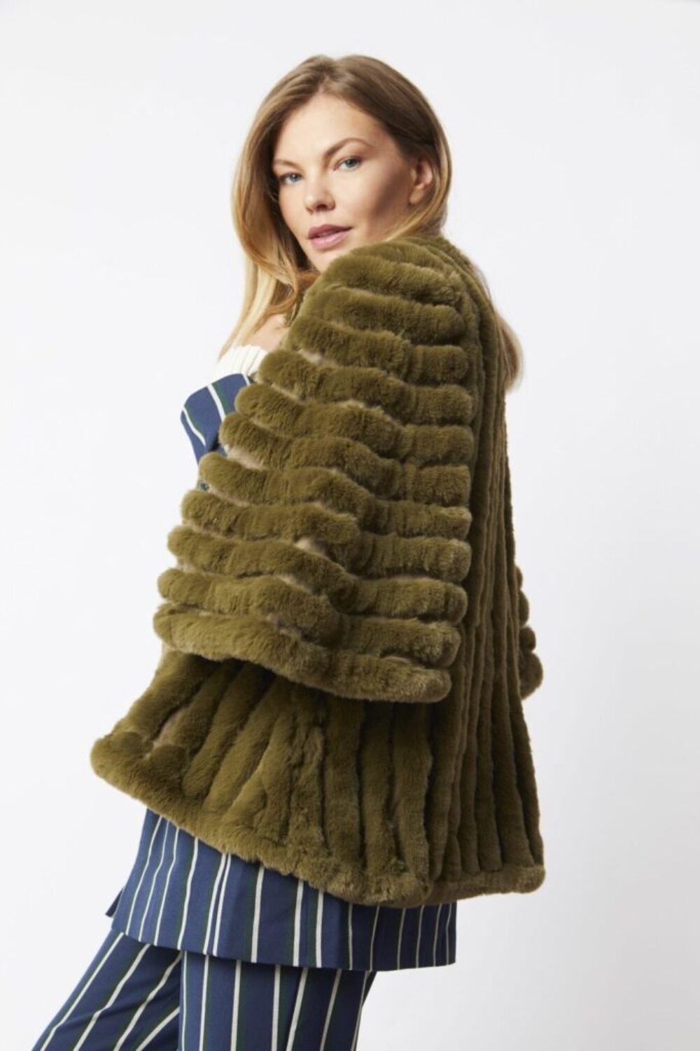 Shop Lux Khaki Faux Fur Striped Coat and women's luxury and designer clothes at www.lux-apparel.co.uk