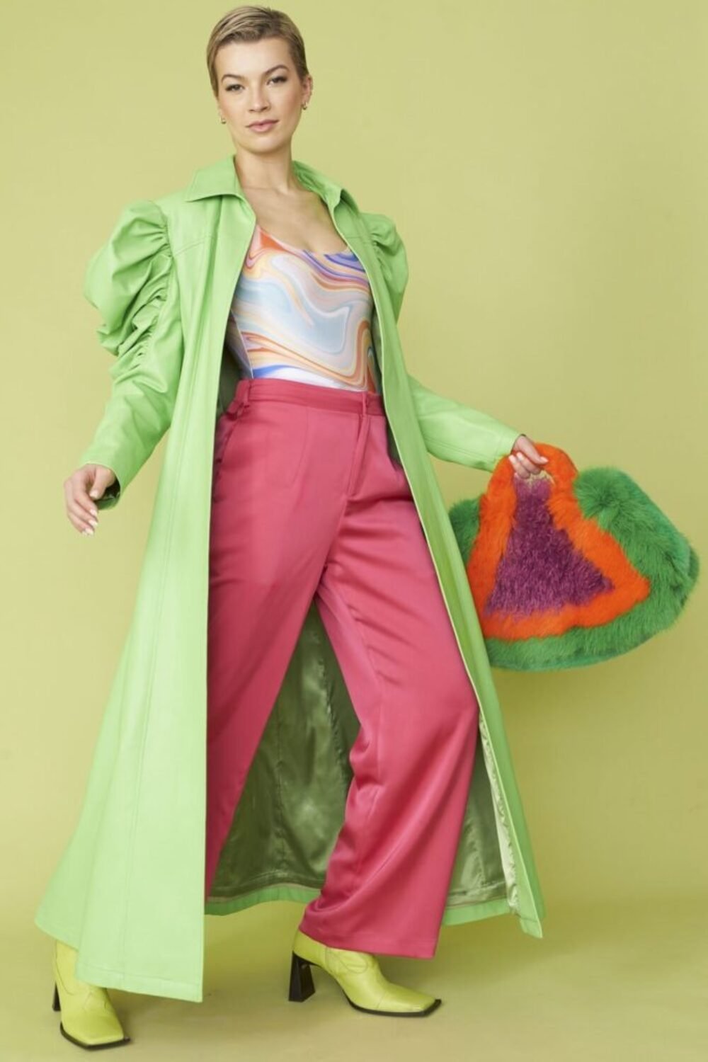 Shop Lux Lime Eco Leather Grande Trench Coat and women's luxury and designer clothes at www.lux-apparel.co.uk