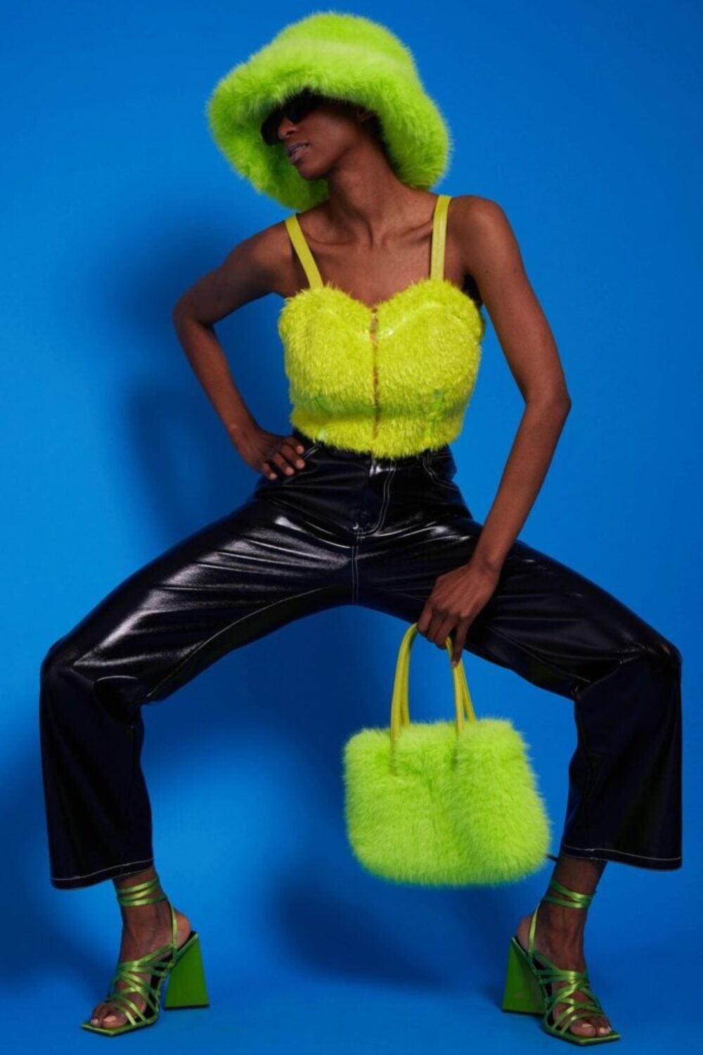 Shop Lux Lime Green Faux Fur Zip Crop Top and women's luxury and designer clothes at www.lux-apparel.co.uk