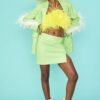 Shop Lux Lime Green Faux Leather Blazer with Feather Details and women's luxury and designer clothes at www.lux-apparel.co.uk