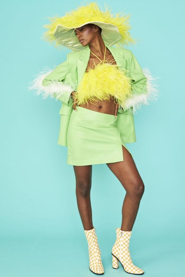 Shop Lux Lime Green Faux Leather Blazer with Feather Details and women's luxury and designer clothes at www.lux-apparel.co.uk