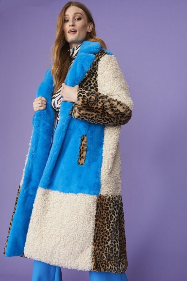 Shop Lux Maxi Checkered Leopard Print and Shearling Faux Fur Coat and women's luxury and designer clothes at www.lux-apparel.co.uk