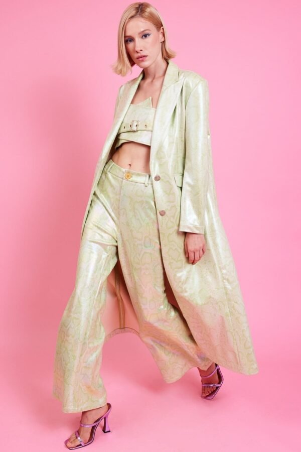 Shop Lux Metallic Hi-Shine Trench Coat and women's luxury and designer clothes at www.lux-apparel.co.uk