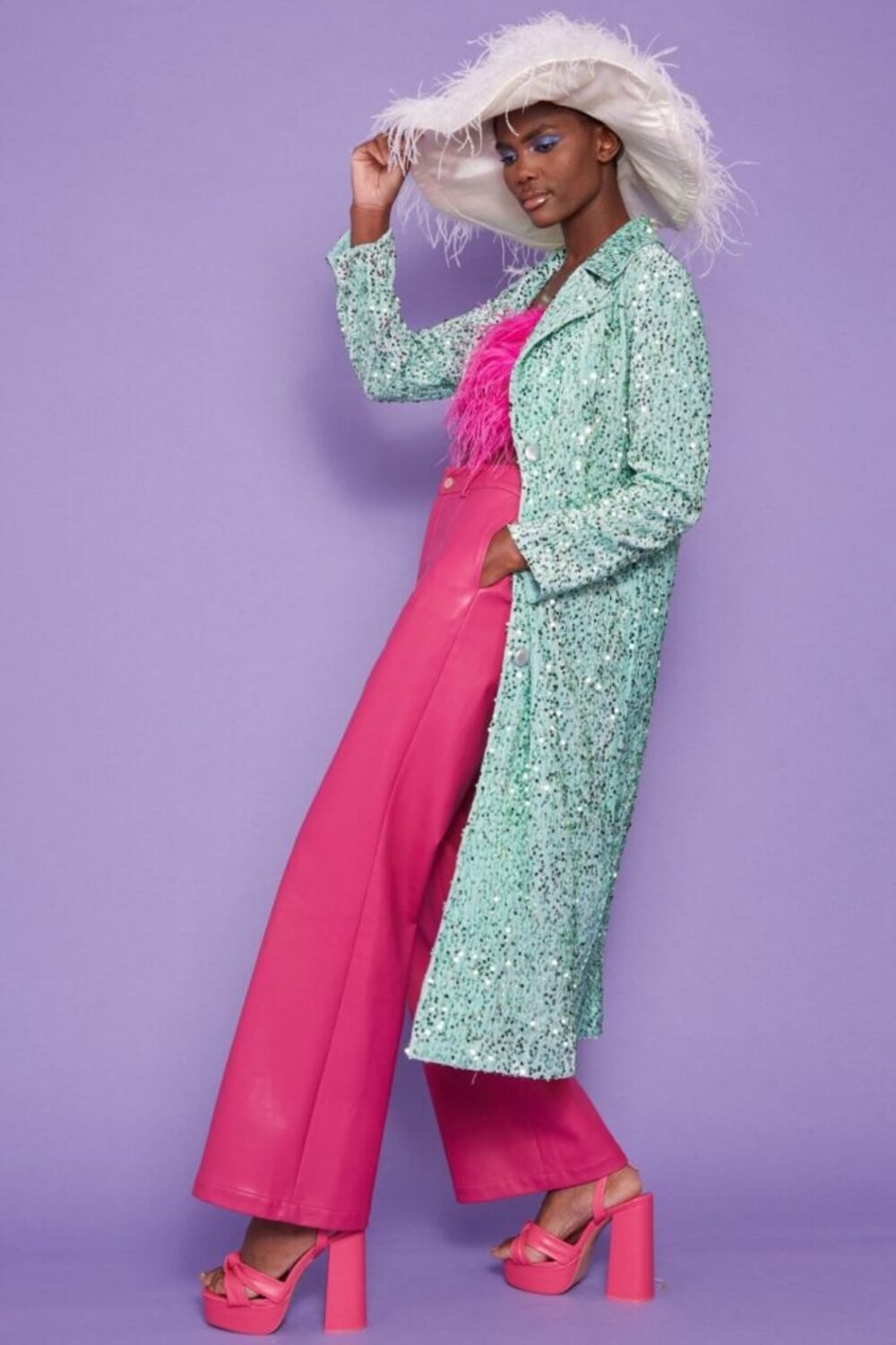 Shop Lux Mint Sequin Velvet Trench Coat and women's luxury and designer clothes at www.lux-apparel.co.uk
