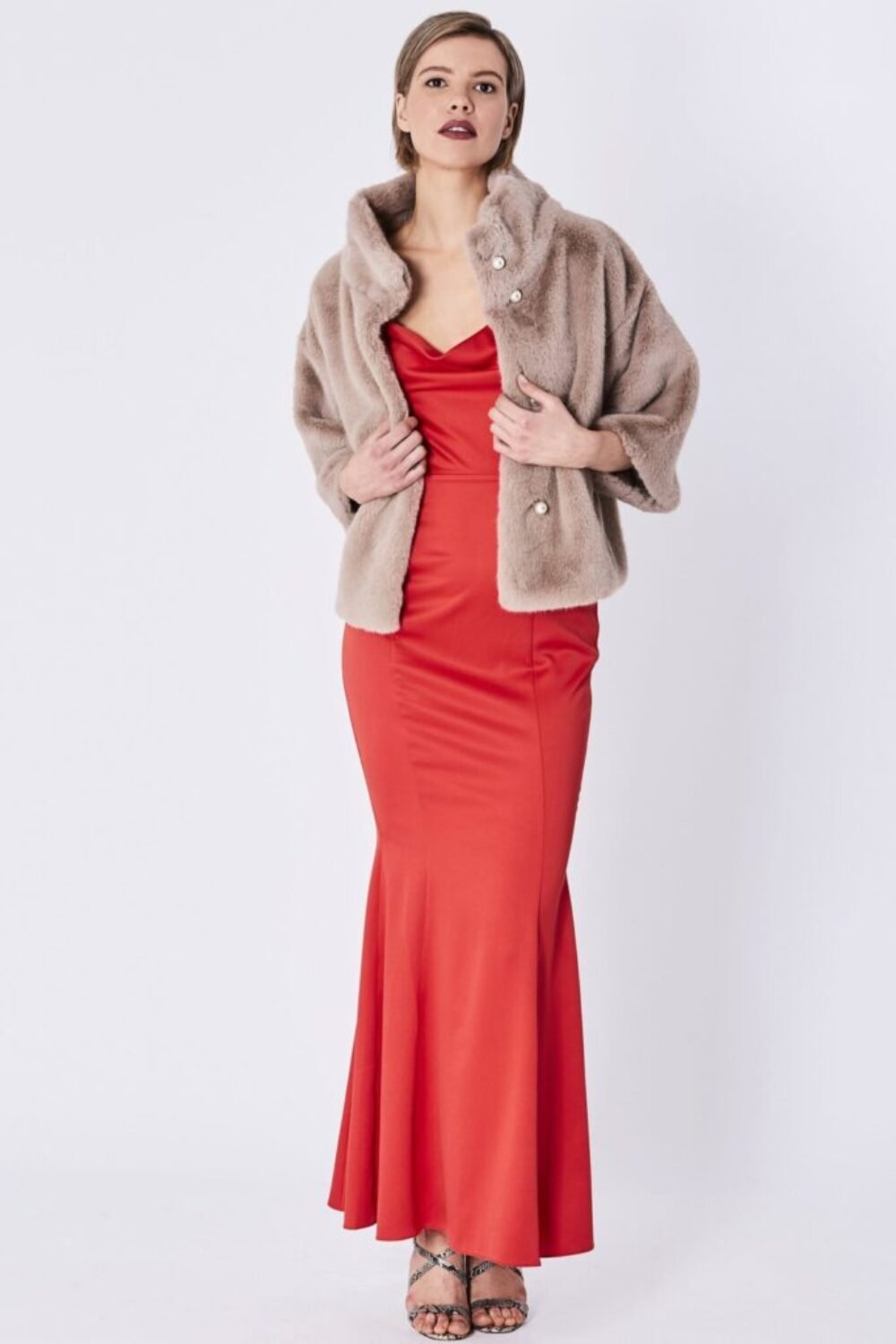 Shop Lux Mocha Faux Fur Jacket With Pearls and women's luxury and designer clothes at www.lux-apparel.co.uk