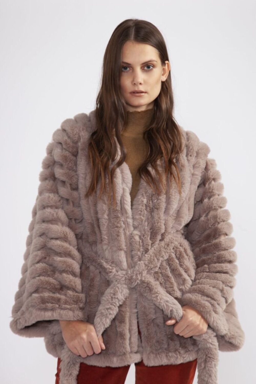 Shop Lux Mocha Faux Fur Kimono Jacket and women's luxury and designer clothes at www.lux-apparel.co.uk