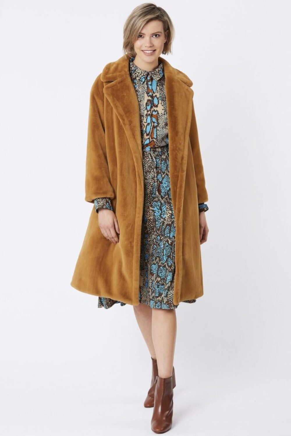 Shop Lux Mocha Faux Fur Midi Shaved Shearling Coat and women's luxury and designer clothes at www.lux-apparel.co.uk