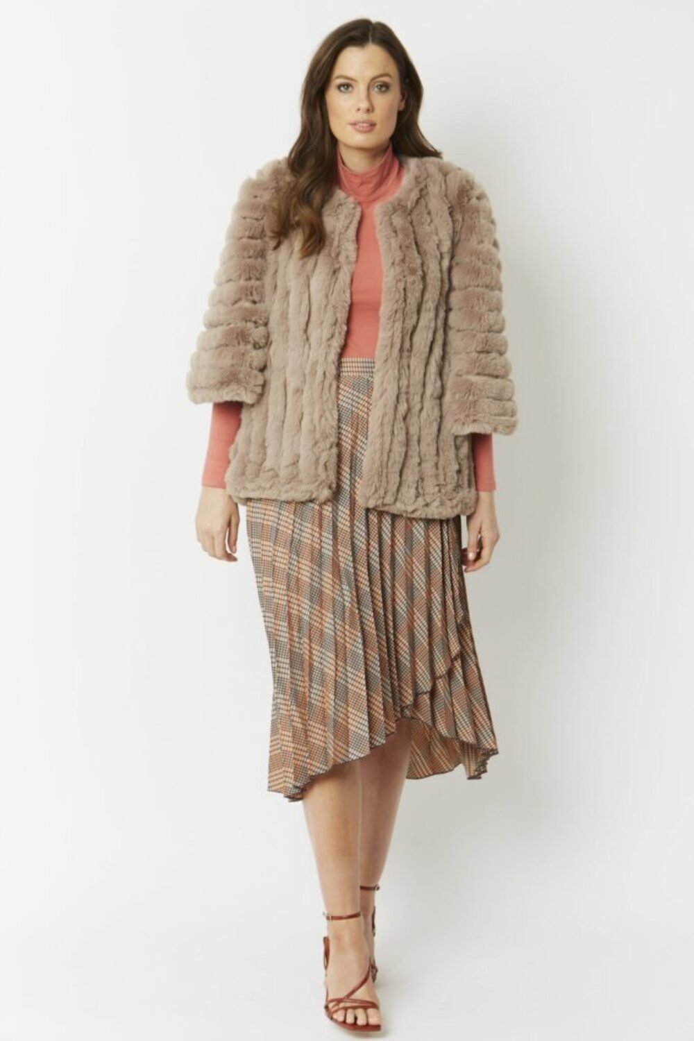 Shop Lux Mocha Faux Fur Striped Coat and women's luxury and designer clothes at www.lux-apparel.co.uk