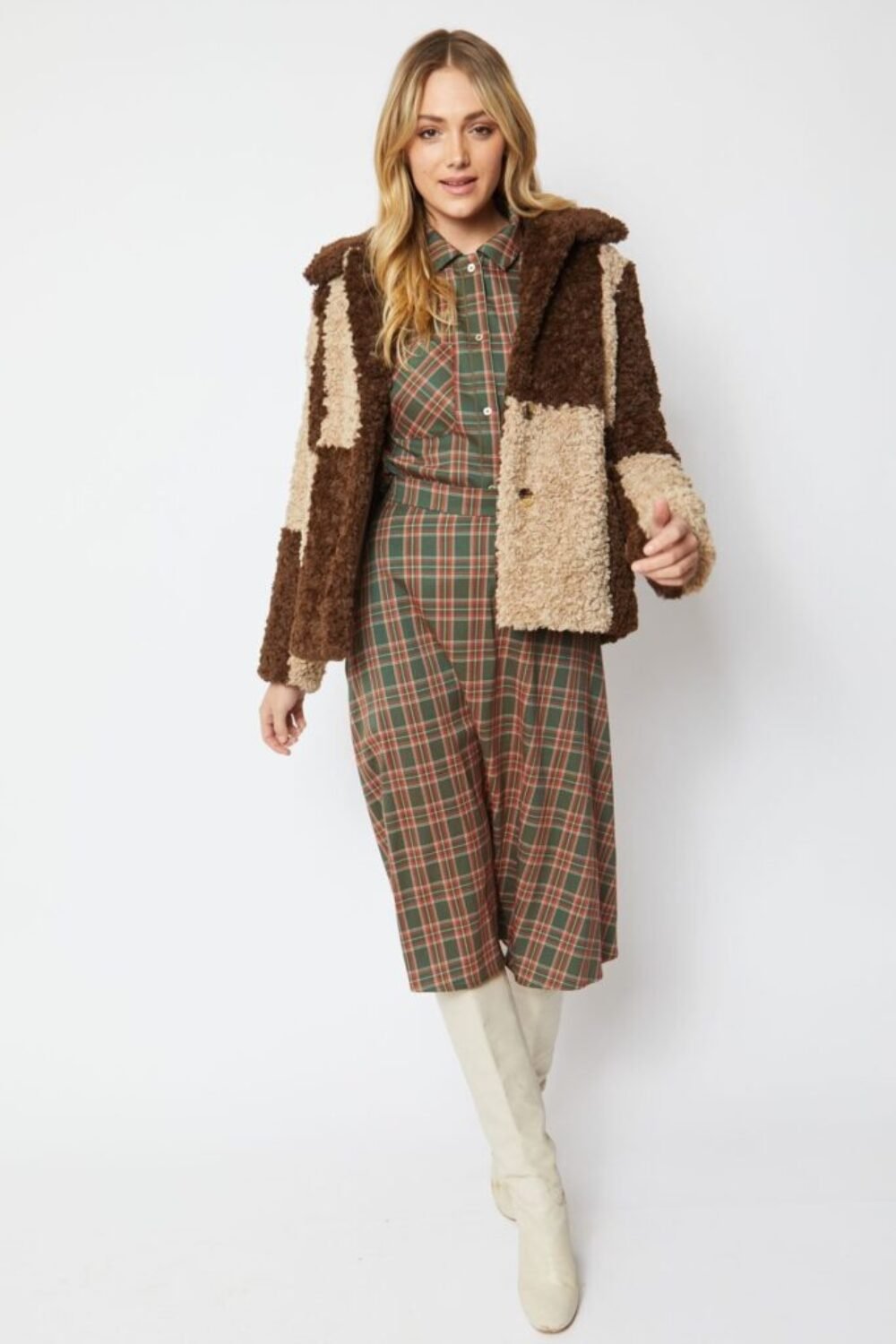 Shop Lux Mocha Faux Shearling Checkered Oversized Coat and women's luxury and designer clothes at www.lux-apparel.co.uk