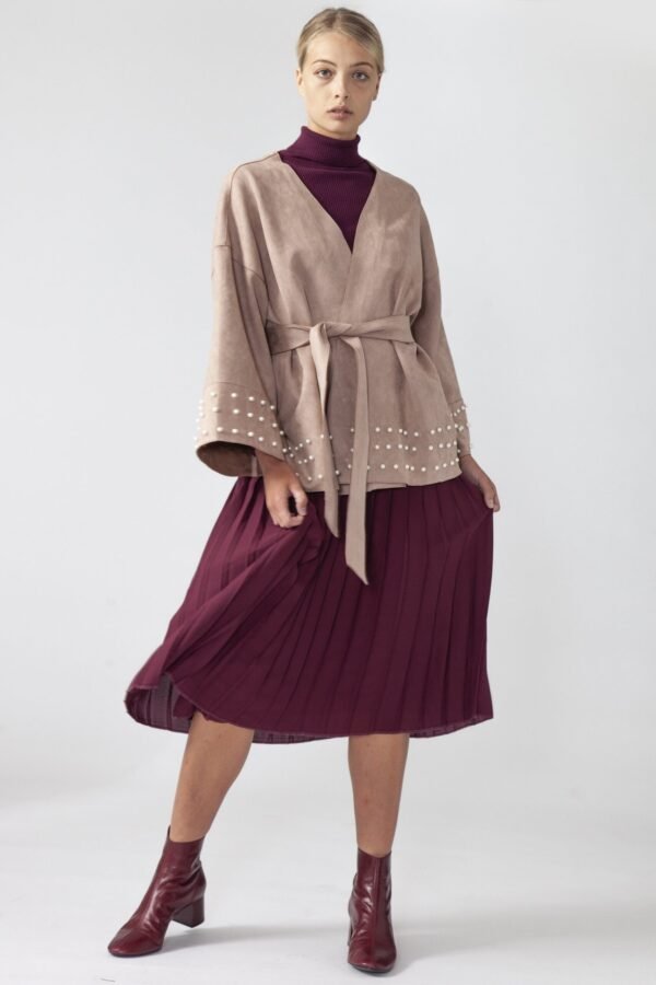 Shop Lux Mocha Faux Suede Wrap Jacket and women's luxury and designer clothes at www.lux-apparel.co.uk