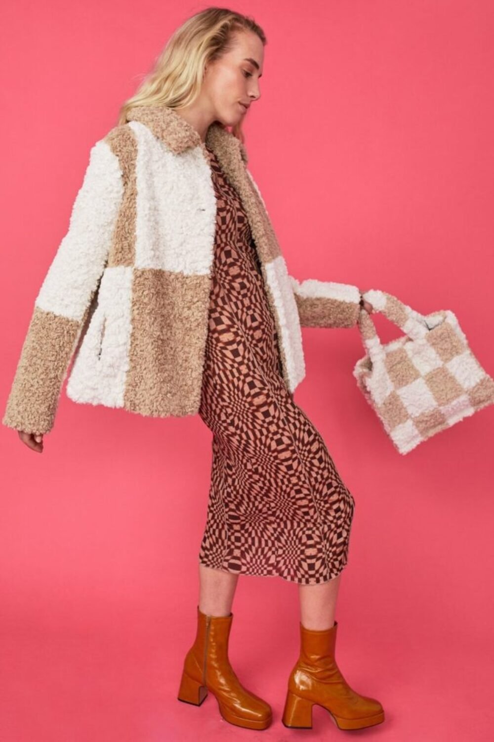Shop Lux Mocha and Cream Faux Shearling Checkered Oversized Coat and women's luxury and designer clothes at www.lux-apparel.co.uk