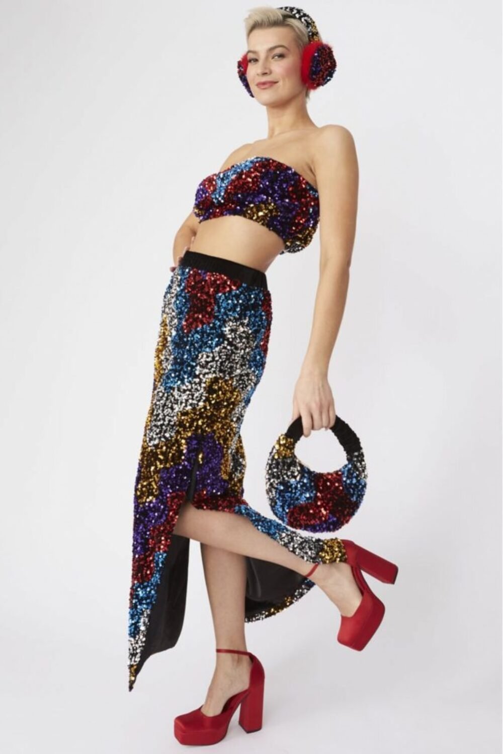 Shop Lux Multi Coloured Sequin Midi Skirt and women's luxury and designer clothes at www.lux-apparel.co.uk