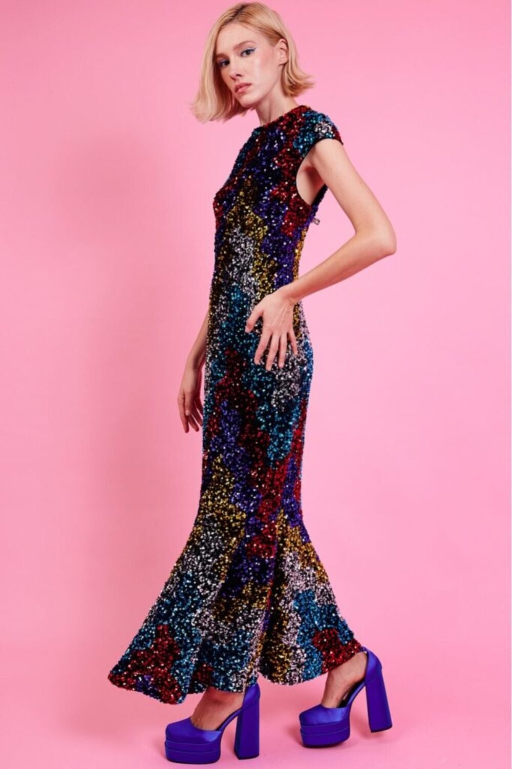 Shop Lux Multi Sequin Fish Tail Maxi Dress and women's luxury and designer clothes at www.lux-apparel.co.uk