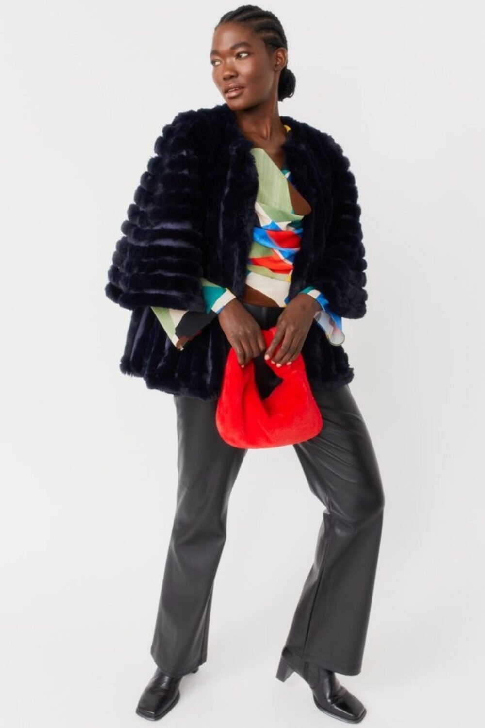 Shop Lux Navy Faux Fur Striped Coat and women's luxury and designer clothes at www.lux-apparel.co.uk