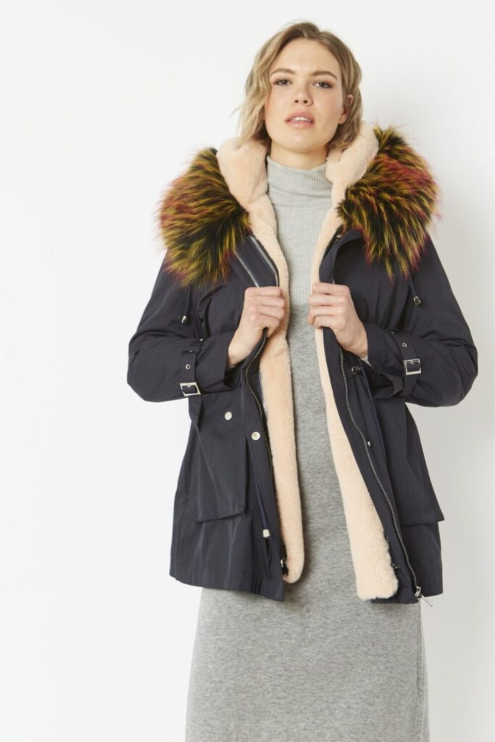 Shop Lux Navy Three in One Faux Fur Parka Coat and women's luxury and designer clothes at www.lux-apparel.co.uk
