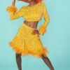 Shop Lux Orange Sequin Cropped Long Sleeve Top with Feather Trim and women's luxury and designer clothes at www.lux-apparel.co.uk