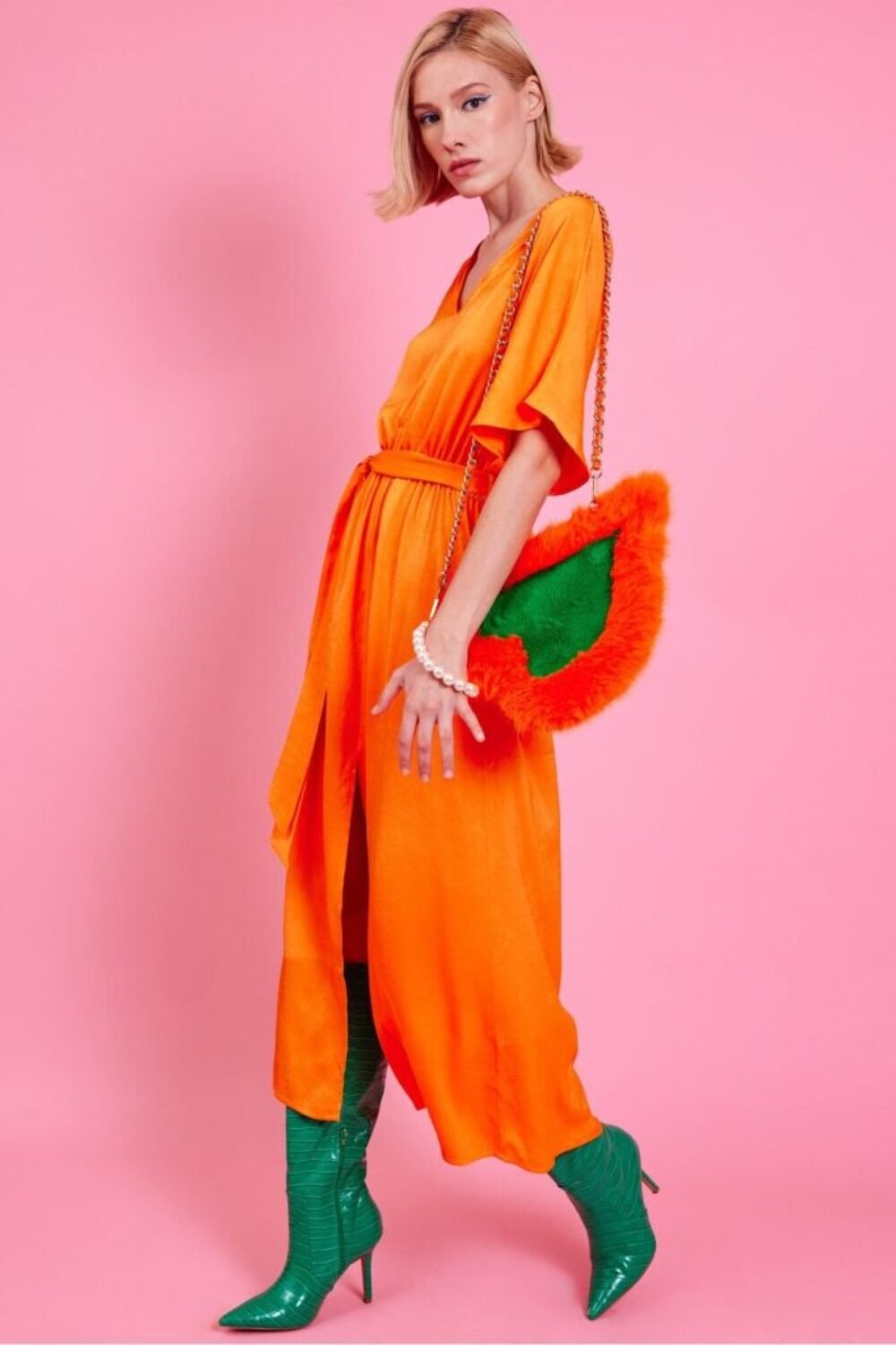 Shop Lux Orange Silk Blend Maxi Ruffle Dress and women's luxury and designer clothes at www.lux-apparel.co.uk