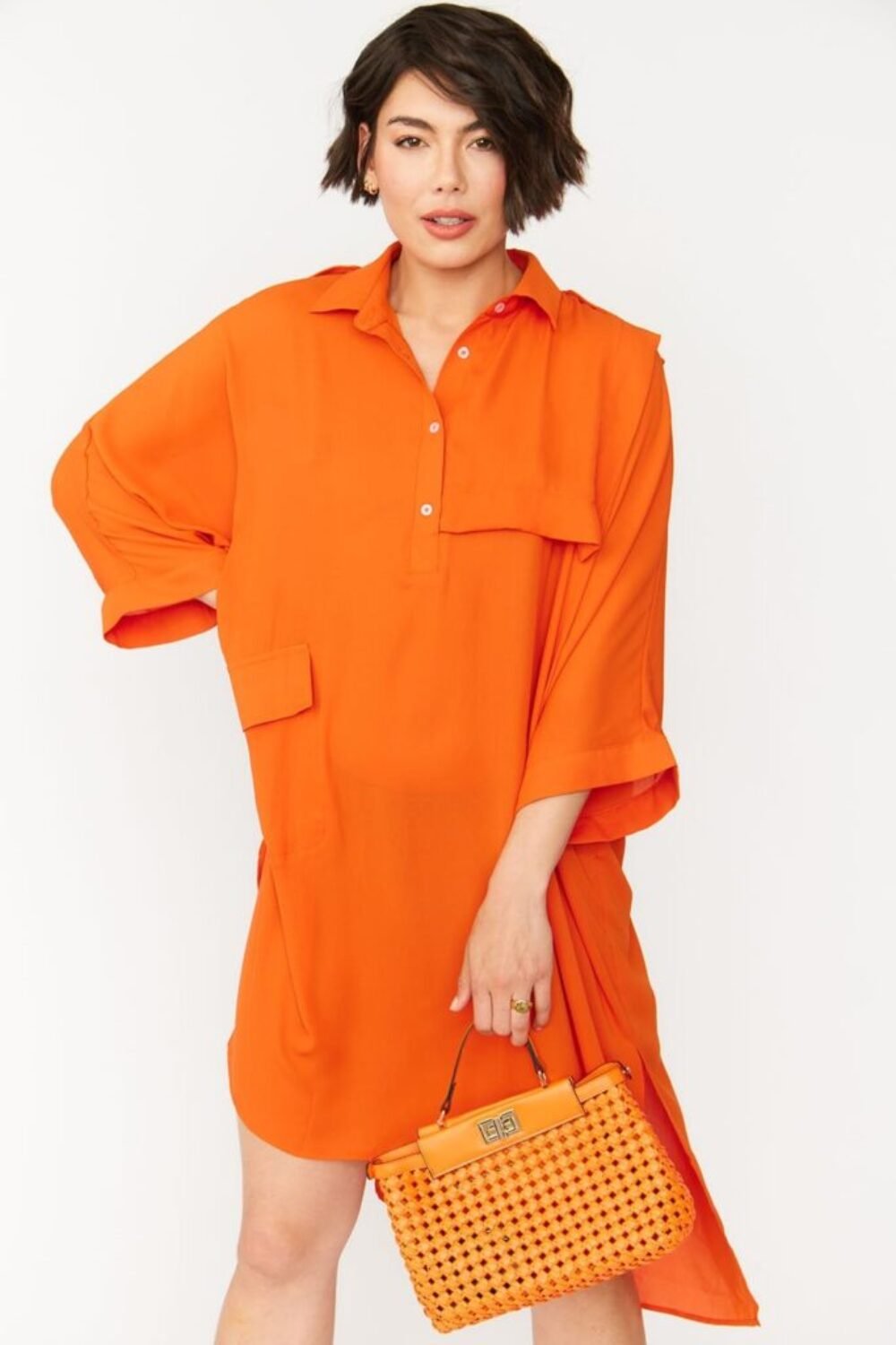 Shop Lux Orange Silk Blend Shirt Dress and women's luxury and designer clothes at www.lux-apparel.co.uk
