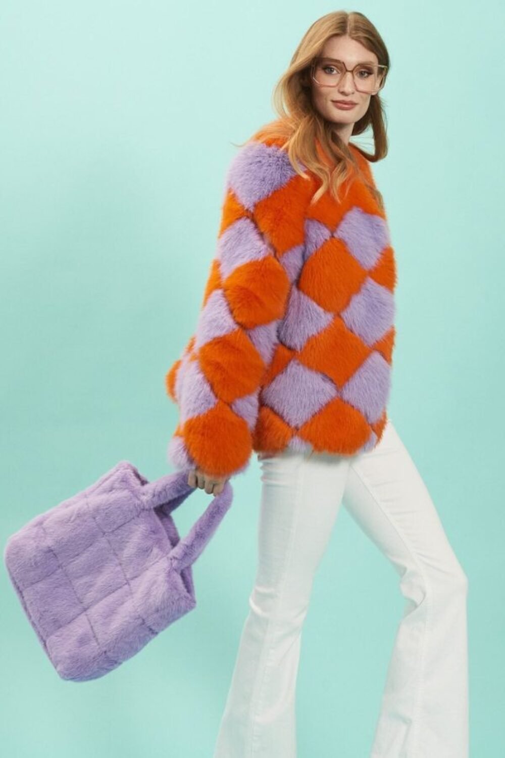 Shop Lux Orange and Purple Delilah Diamond Faux Fur Jacket and women's luxury and designer clothes at www.lux-apparel.co.uk
