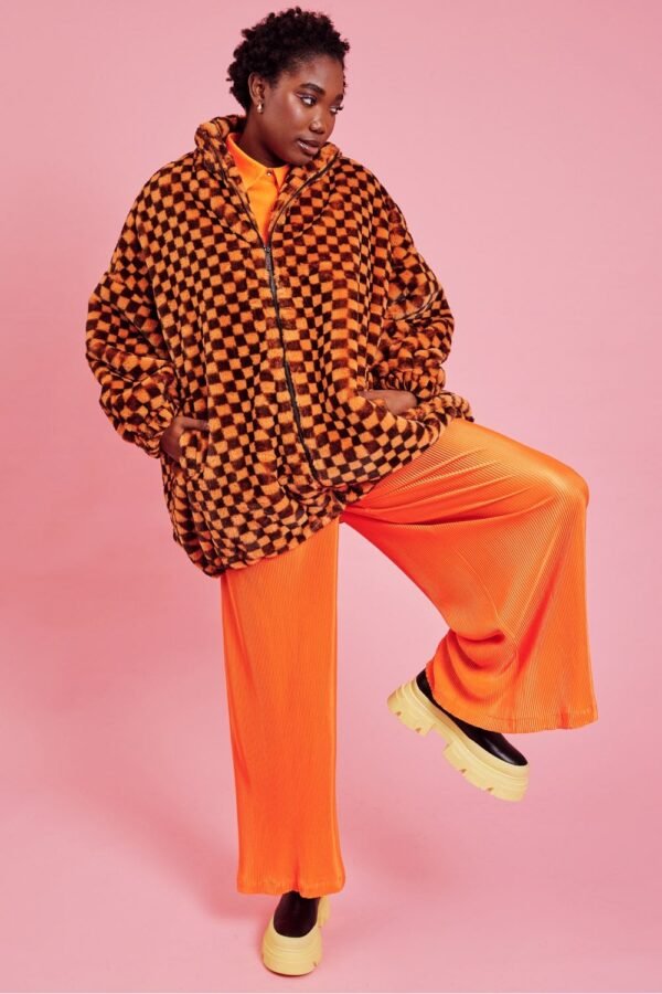 Shop Lux Orange oversized Checkered Zip Coat and women's luxury and designer clothes at www.lux-apparel.co.uk