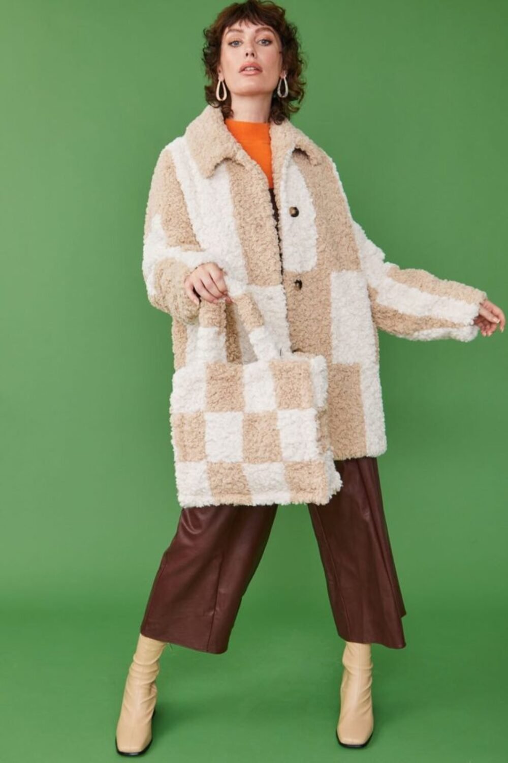 Shop Lux Oversized Mocha and Cream Checkered Midi Coat and women's luxury and designer clothes at www.lux-apparel.co.uk