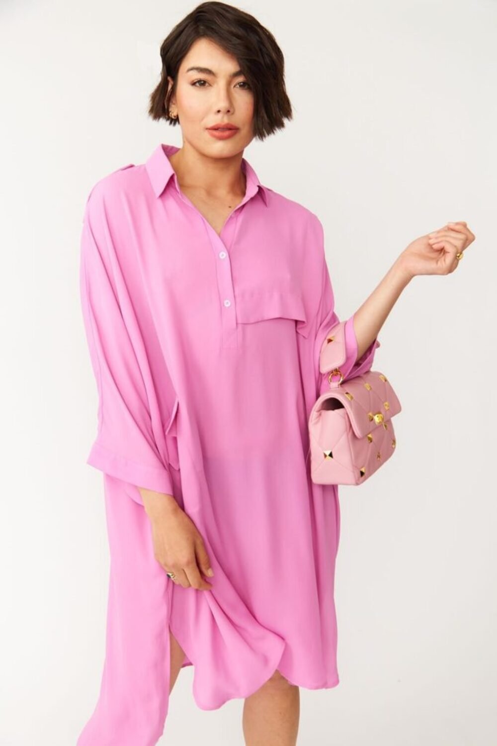 Shop Lux Oversized Pink Silk Blend Shirt Dress and women's luxury and designer clothes at www.lux-apparel.co.uk