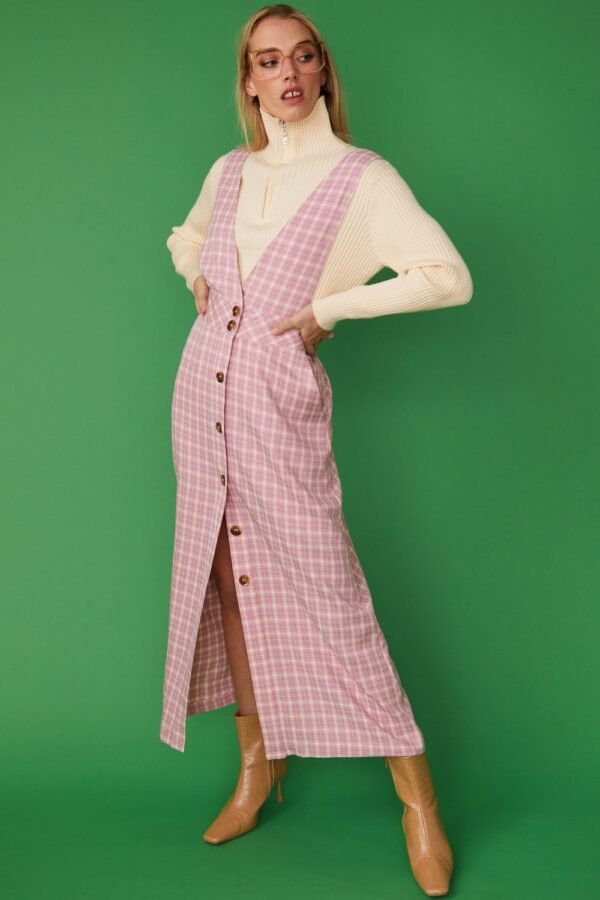 Shop Lux Pink Check Print Maxi Pinafore Dress and women's luxury and designer clothes at www.lux-apparel.co.uk