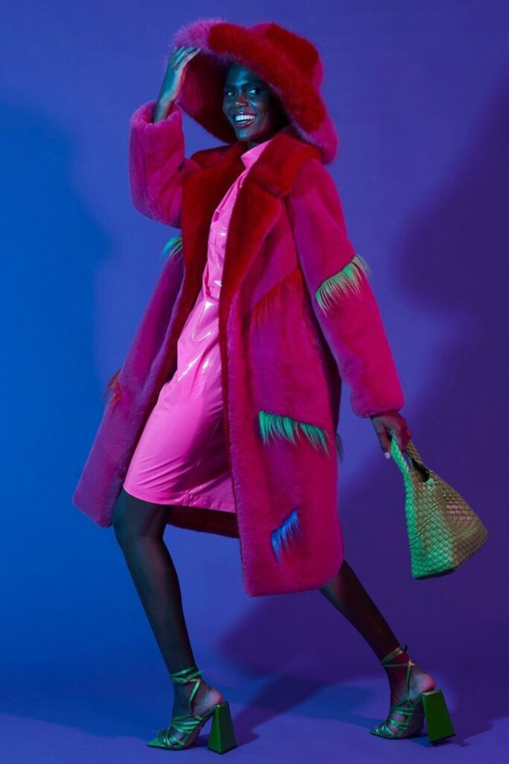 Shop Lux Pink Faux Fur Colour Clash Dazzle Coat and women's luxury and designer clothes at www.lux-apparel.co.uk