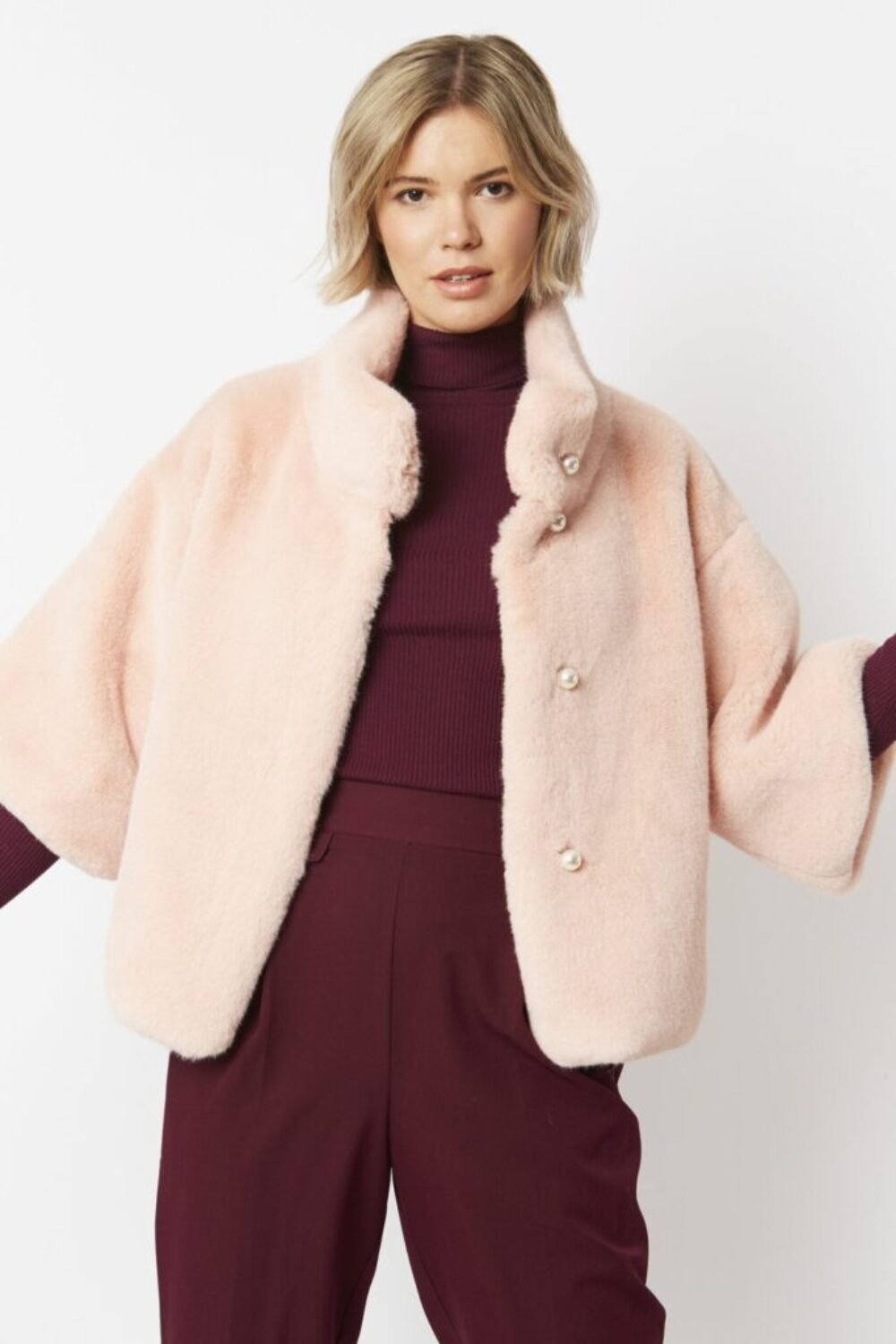 Shop Lux Pink Faux Fur Jacket With Pearls and women's luxury and designer clothes at www.lux-apparel.co.uk