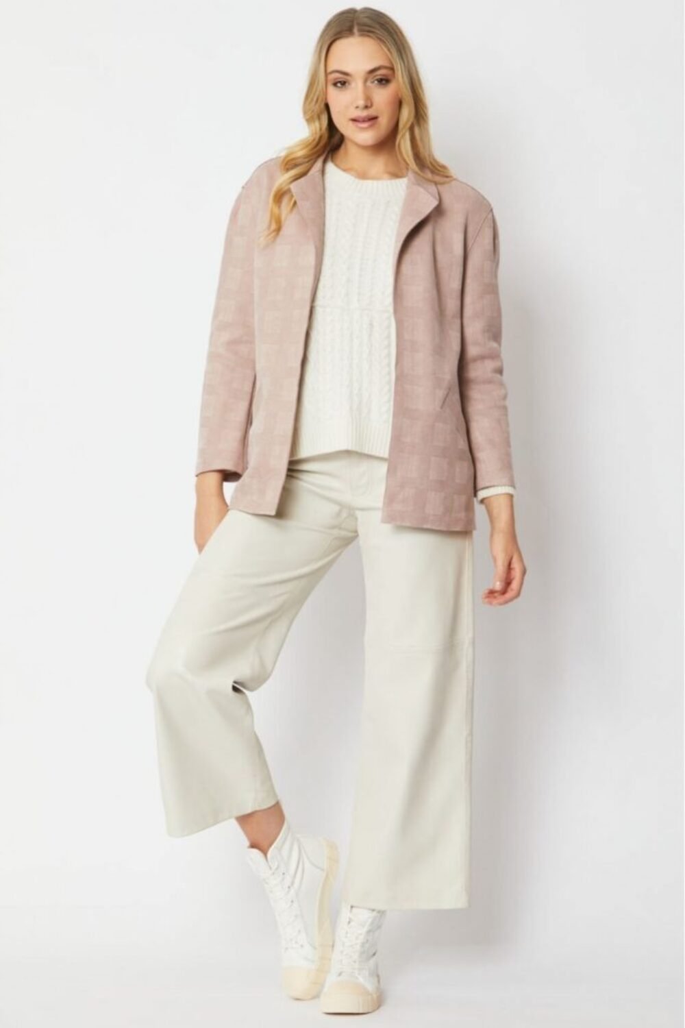 Shop Lux Pink Faux Suede Checked Jacket and women's luxury and designer clothes at www.lux-apparel.co.uk