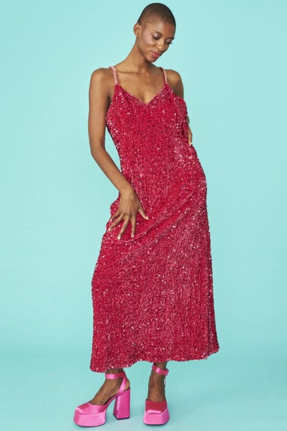 Shop Lux Pink Maxi Sequin Cami Dress and women's luxury and designer clothes at www.lux-apparel.co.uk