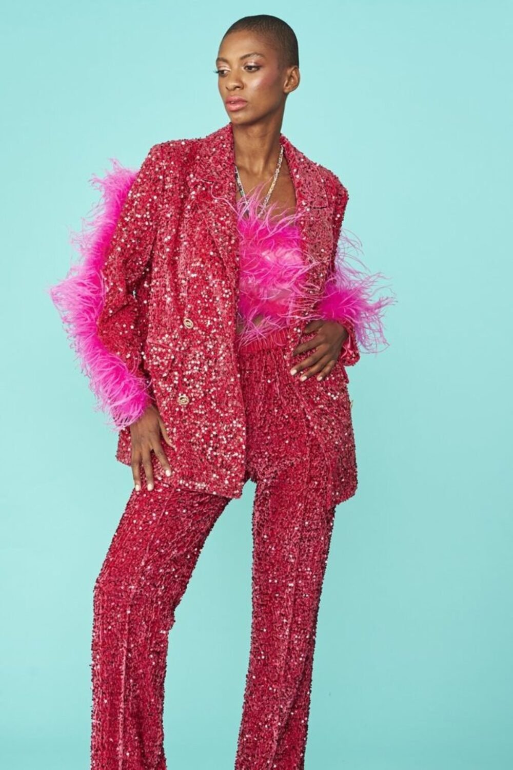 Shop Lux Pink Sequin Feather Trim Blazer and women's luxury and designer clothes at www.lux-apparel.co.uk