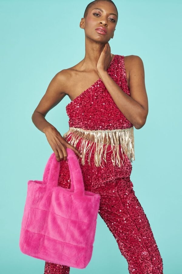 Shop Lux Pink Sequin One shoulder cropped top with Sequin Tassels and women's luxury and designer clothes at www.lux-apparel.co.uk