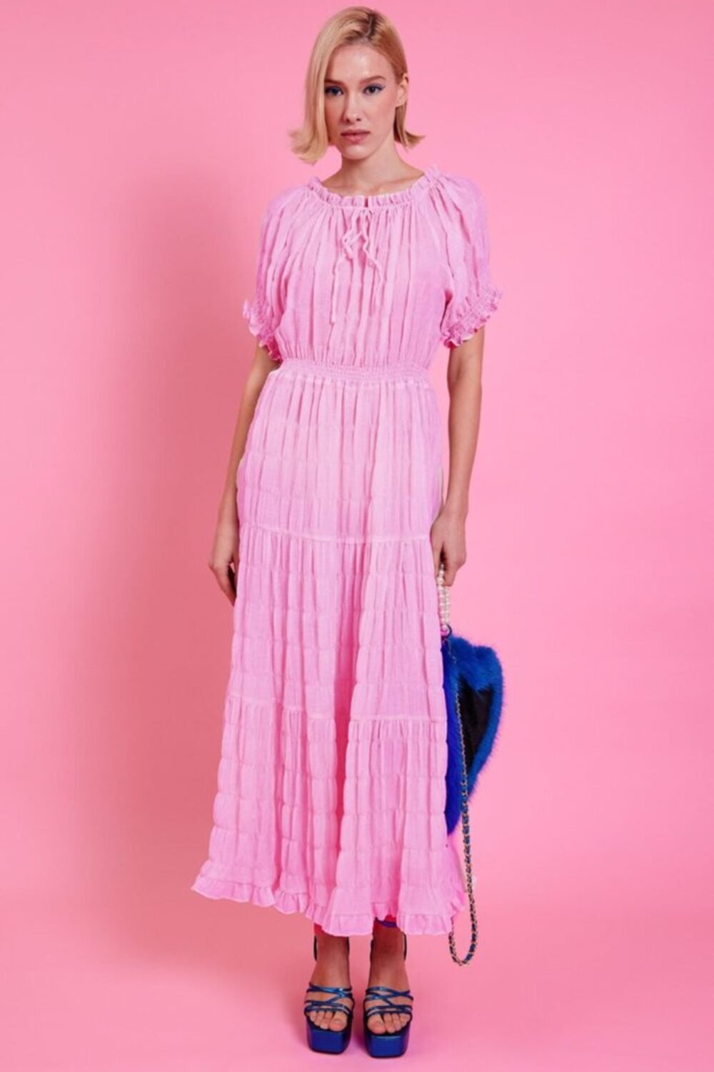 Shop Lux Pink Silk Blend Maxi Ruffle Dress and women's luxury and designer clothes at www.lux-apparel.co.uk